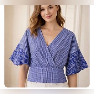 Grifflin Paris Navy Blue Gingham Check Faux Wrap Cropped Top Small